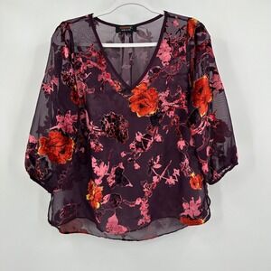 Whimsigoth Burnout‎ Velvet Womens Top Size M Purple Floral Fairy Grunge Sheer